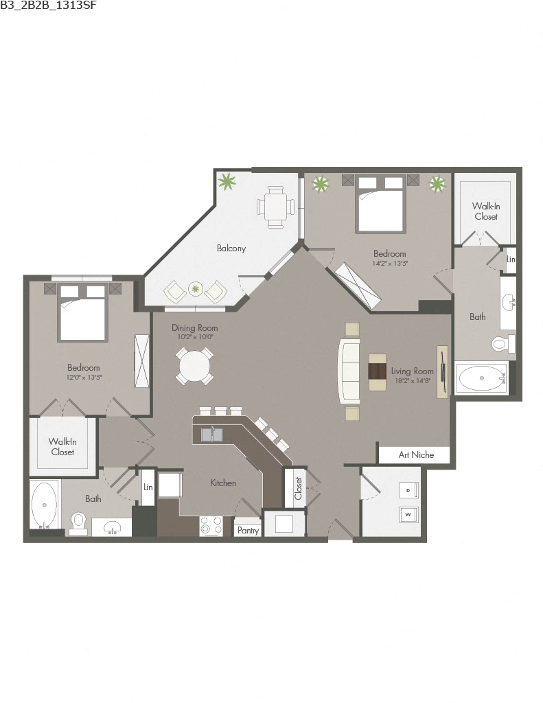 Floor plan for 2 beds, 2 baths, 1313 sqft